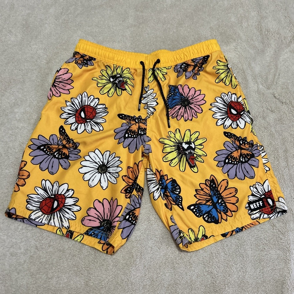 NEFF Marvel Spiderman Men's Swim Trunks Men's Large Yellow Floral Board Shorts
